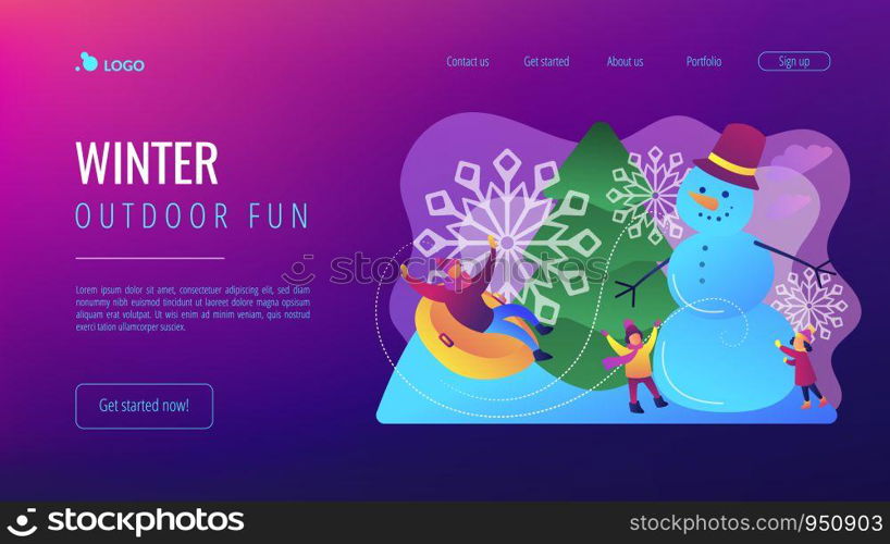 Happy people having fun outdoor in winter sledding and making snowman. Winter outdoor fun, building a snowman, snowball fight and sledding concept.Website vibrant violet landing web page template.. Winter outdoor fun concept landing page.
