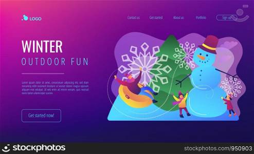 Happy people having fun outdoor in winter sledding and making snowman. Winter outdoor fun, building a snowman, snowball fight and sledding concept.Website vibrant violet landing web page template.. Winter outdoor fun concept landing page.