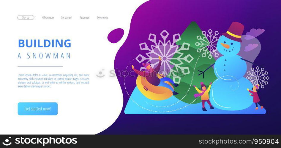 Happy people having fun outdoor in winter sledding and making snowman. Winter outdoor fun, building a snowman, snowball fight and sledding concept.Website vibrant violet landing web page template.. Winter outdoor fun concept landing page.