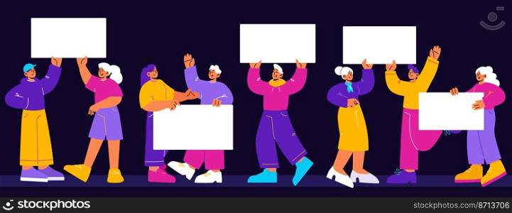 Happy people holding blank banners on presentation, demonstration or rally. Vector flat illustration of group of activists with white posters and placard on black background. Happy people holding blank banners on presentation