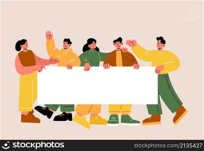 Happy people holding empty banner, smiling characters group displaying white blank placard for text or advertising. Cheerful men and women friends hug, waving hands, Flat vector line art illustration. Happy smiling people holding empty banner in hands