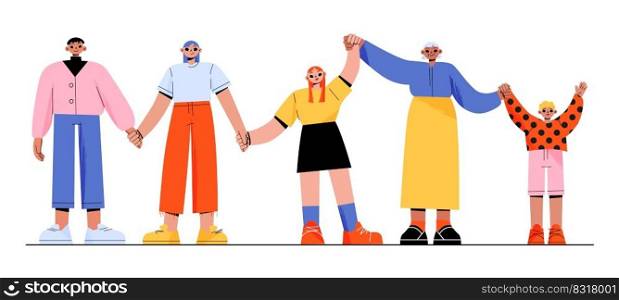 Happy people holding hands together. Senior, adult, young and kids characters group togetherness, happiness, friendship concept with men and women unity stand in row Line art flat vector illustration. Happy people holding hands stand all together