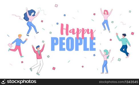 Happy People Horizontal Banner. Joyfull Faceless Male and Female Characters Dance and Jumping with Hands Up on White Background with Abstract Confetti Pattern. Linear Cartoon Flat Vector Illustration.. Happy Faceless Male and Female Characters Dancing.