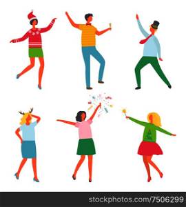 Happy people in cartoon style celebrating Christmas party. Dancing man, woman with sparkler, females in Santa hat and horns accessory, isolated vector. Happy People, Cartoon Style Celebrating Christmas