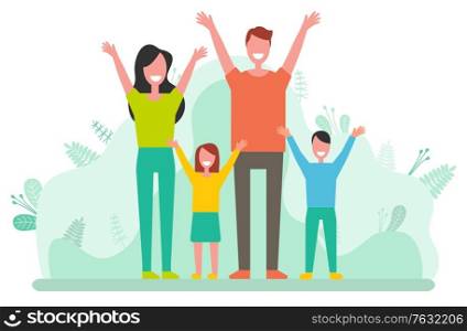 Happy people in casual clothes rise hands, smiling parents and children. Male and female standing with girl and boy, man and woman success. Vector illustration in flat cartoon style. Smiling Family, Parents with Son, Daughter Vector