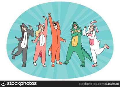 Happy people in funny animal costumes dancing and having fun. Friendship and partying. Flat vector illustration.. Happy people in animal costumes dancing