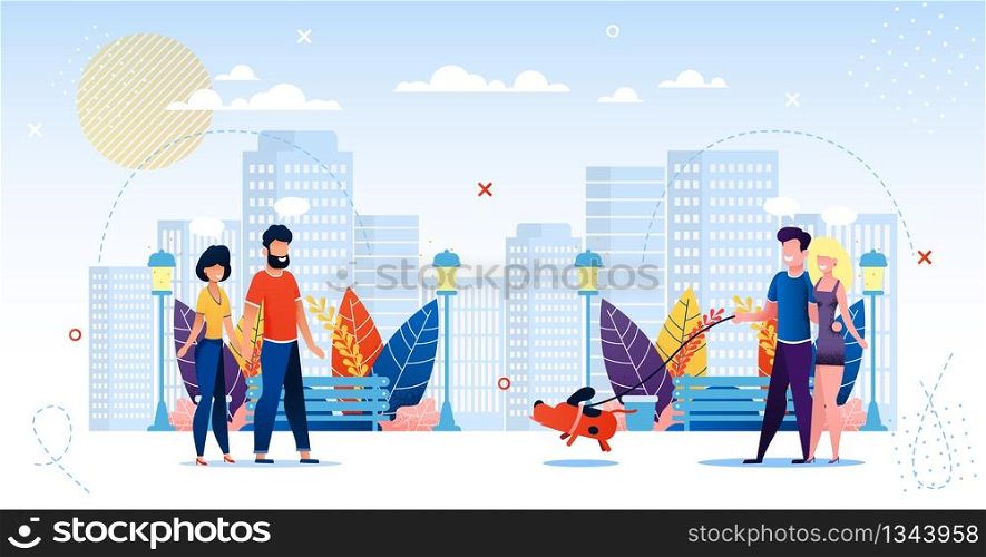 Happy People in Love Walking City Park Together. Pairs Holding Hands on Walk Along or with Dog. Joyful Time, Outdoors Activities. Romantic Date. Trendy Flat Design. Cartoon Vector Illustration. Happy People in Love Walking City Park Together