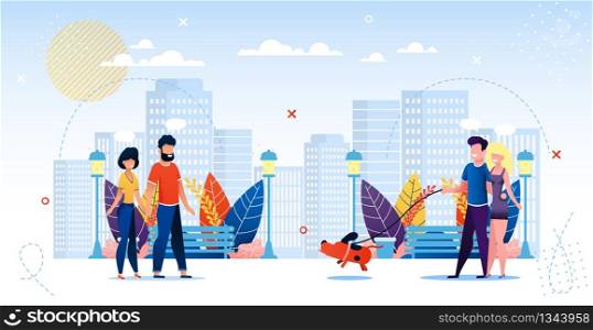 Happy People in Love Walking City Park Together. Pairs Holding Hands on Walk Along or with Dog. Joyful Time, Outdoors Activities. Romantic Date. Trendy Flat Design. Cartoon Vector Illustration. Happy People in Love Walking City Park Together