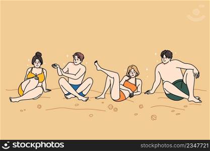 Happy people in swimsuit sit on beach enjoy summer vacation together. Smiling men and women in swimwear on sea coast relax on holiday. Travel and tourism. Vector illustration. . Happy people in swimwear relax on sea beach