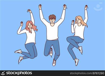 Happy people jump for joy and raise hands in victory, rejoicing at success in career or education. Cheerful man and women in casual clothes jumping and smiling at same time looking at screen. Happy people jump for joy and raise hands in victory, rejoicing at success in career or education