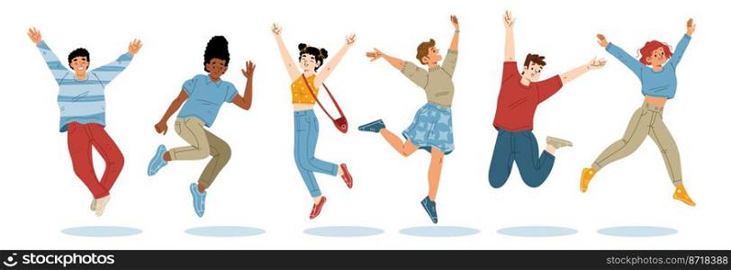 Happy people jump with raised arms, cheerful characters feel positive emotions, rejoice, celebrate victory or success. Laughing teenagers, millenial personages, Line art flat vector illustration. Happy people jump with raised arms, characters