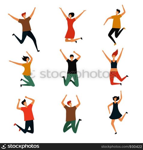 Happy people jumping. Celebrate jubilation jump group of man and women teens laughing cute and funny vector stylized characters. Illustration of jump happy people, young boy and girl. Happy people jumping. Celebrate jubilation jump group of man and women teens laughing cute and funny vector stylized characters