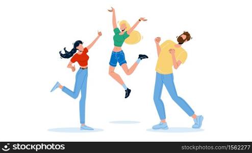 Happy People Jumping Enthusiasm Emotion Vector. Business Employee Young Man And Woman Jump in Air Cheerfully With Enthusiasm Expression. Characters Office Workers Or Friends Flat Cartoon Illustration. Happy People Jumping Enthusiasm Emotion Vector