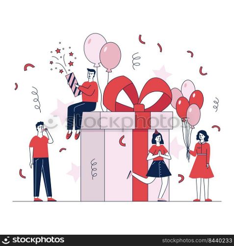 Happy people making gifts and presents vector illustration. Man and woman celebrating Christmas party with friends. Surprise for girl on birthday. Celebration and entertainment concept.