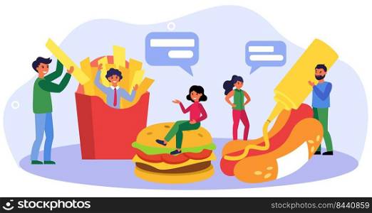 Happy people meeting in fast food restaurant. Cooking hotdog, French fries, cheeseburger flat vector illustration. Unhealthy eating concept for banner, website design or landing web page