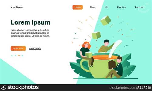 Happy people mixing sugar in big cup of tea. Spoon, office, lunch flat vector illustration. Hot beverages and coffee break concept for banner, website design or landing web page