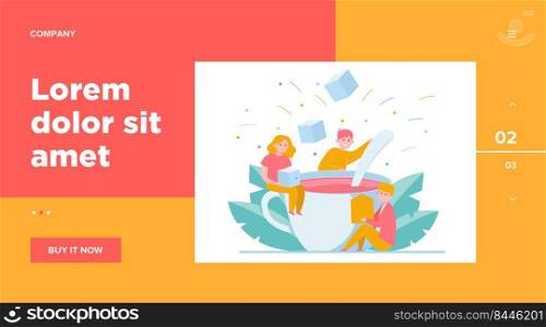 Happy people mixing sugar in big cup of tea. Spoon, office, lunch flat vector illustration. Hot beverages and coffee break concept for banner, website design or landing web page