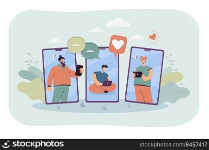 Happy people on mobile screens communicating online. Man with laptop, girl with tablet flat vector illustration. Communication, job interview concept for banner, website design or landing web page