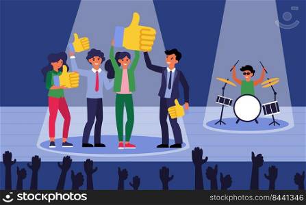 Happy people on stage showing likes. Winners, show, thumb up flat vector illustration. Draw game win, entertainment concept for banner, website design or landing web page