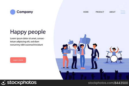 Happy people on stage showing likes. Winners, show, thumb up flat vector illustration. Draw game win, entertainment concept for banner, website design or landing web page