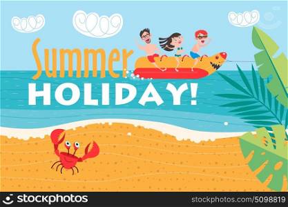 Happy people on vacation and take a ride on a banana boat. Vacation at sea! The beach activities. Colorful vector illustration in flat style.
