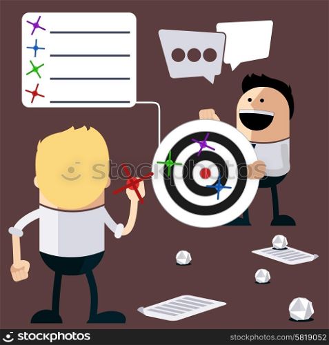 Happy people play darts and calculation of the results. Business results of ideas as they hit target cartoon flat design style