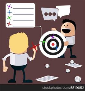 Happy people play darts and calculation of the results. Business results of ideas as they hit target cartoon flat design style