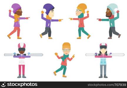 Happy people playing in snowballs. Cheerful man having fun while playing with snowballs in winter. Woman during snowball fight. Set of vector flat design illustrations isolated on white background.. Vector set of winter sport characters.