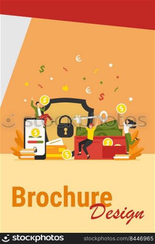 Happy people protecting money isolated flat vector illustration. Men and woman holding key from shield or coins and protecting bank deposit. Financial safety and business insurance concept