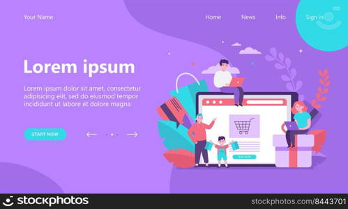 Happy people shopping online. Basket, tablet, customer flat vector illustration. E-commerce and digital technology concept for banner, website design or landing web page