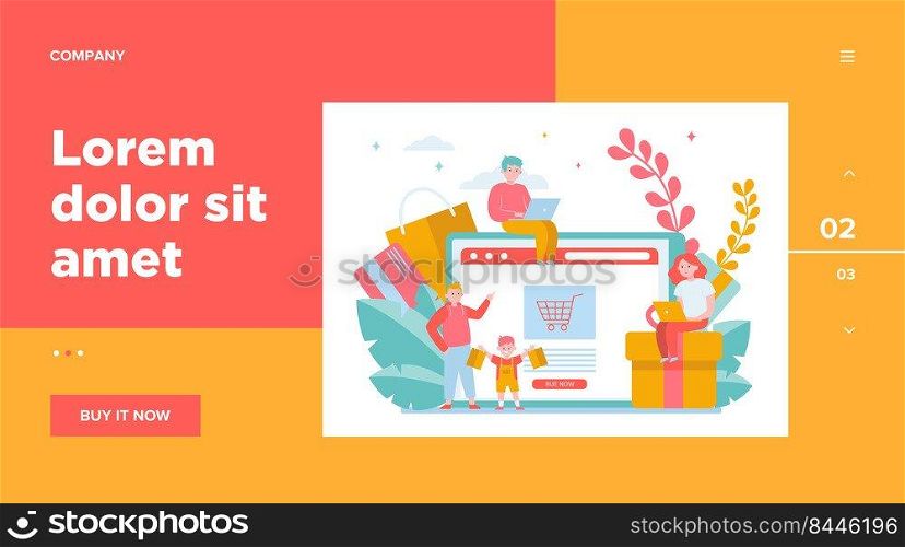 Happy people shopping online. Basket, tablet, customer flat vector illustration. E-commerce and digital technology concept for banner, website design or landing web page