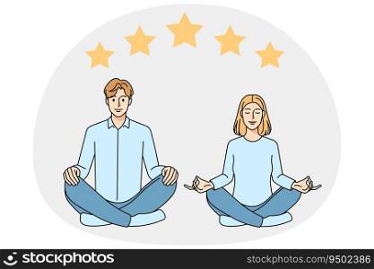 Happy people sit in lotus position satisfied with good quality client service. Smiling couple give five stars rating or feedback. Vector illustration.. People give five stars rating