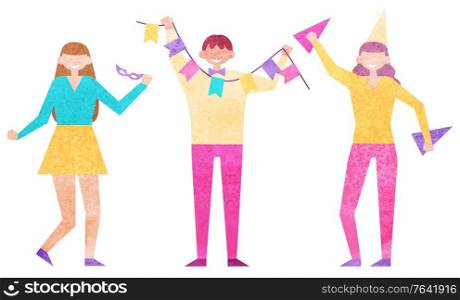 Happy people standing together and celebrate with holiday equipment and caps on heads. Women and Man isolated on white background vector illustration. Happy People Stand Together and Celebrate Holiday