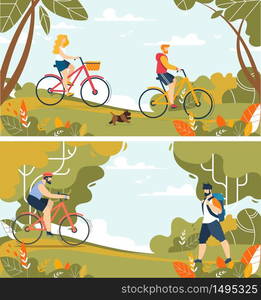 Happy People Tourists Characters on Nature Set. Man and Woman Riding Bicycle. Hiking with Backpack. Trekking, Cycling. Going on Picnic in Forest. Friends, Family Rest. Vector Cartoon Flat Illustration. Happy People Tourists Characters on Nature Set