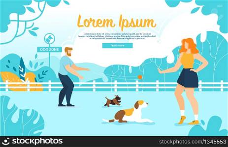 Happy People Training Dogs in City Park, Playing with Puppies. Woman and Man Spend Time with Domestic Animals, Leisure, Friendship, Active Lifestyle Cartoon Flat Vector Illustration, Horizontal Banner. Happy People Training Dogs in City Park, Dog Zone