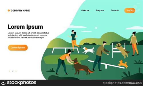 Happy people training dogs on jumping equipment in city park area. Vector illustration can be used for animal care, pets, hobby, community, lifestyle, friends, fun concept