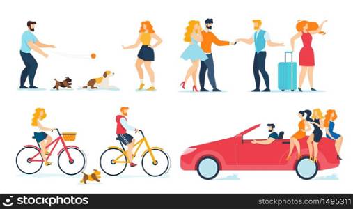 Happy People Travelling, Walking, Resting Flat Set. Cartoon Men and Women Couples Playing Dog Pet, Receiving Key from Rent or Bought Auto, Driving Car, Riding Bikes. Vector Illustration. Happy People Travelling, Walking, Resting Flat Set