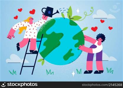 Happy people volunteer water with can huge earth take care of environment. Smiling kind female activists treat planet think of nature conservation. Environmental safety. Vector illustration. . Happy volunteers take care of planet earth