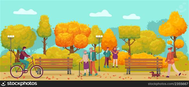 Happy people walk in public park in autumn. Cartoon boy riding bicycle, girl walking with dog pet. Elderly couple with sticks, young man and woman collecting foliage vector. Outdoor activities. 2202 S ST Happy people walk in public park