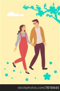Happy people walking among spring sakura blossoms isolated. Vector dating couple in love, male and female characters spend time together, cartoon flat style. Happy People Walking Among Spring Sakura Blossoms