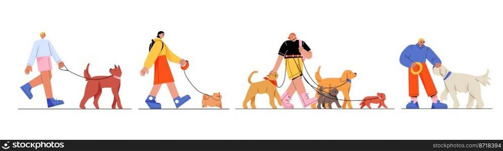 Happy people walking dogs on leash. Flat vector illustration set of young men and women in casual clothes training, playing, having fun with pet animals of different breeds. Active leisure, friendship. Happy people walking dogs on leash flat set