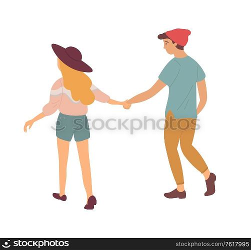 Happy people walking holding hands, back view isolated man and woman. Vector cartoon lady and guy in hats, summertime and students spending time together. Happy People Walking Holding Hands, Back View