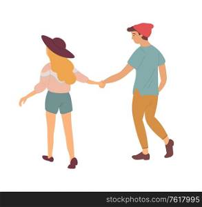 Happy people walking holding hands, back view isolated man and woman. Vector cartoon lady and guy in hats, summertime and students spending time together. Happy People Walking Holding Hands, Back View