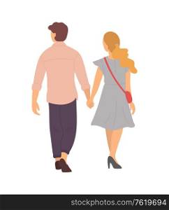 Happy people walking holding hands, back view. Vector isolated man and woman spending time together. Cartoon lady with sack and brunette guy in trousers. Happy People Walk Holding Hands, Back View. Vector