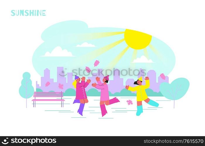 Happy people walking in park in sunny autumn day flat vector illustration