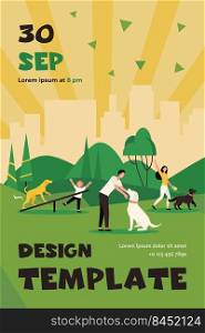 Happy people walking with dogs at city park isolated flat vector illustration. Cartoon characters training their pets in special area. Animals and outdoor activity concept