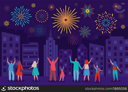 Happy people watching fireworks in night sky. City festival, holiday celebration with colorful firework explosions vector illustration. Parents with children taking photos on phone. Happy people watching fireworks in night sky. City festival, holiday celebration with colorful firework explosions vector illustration