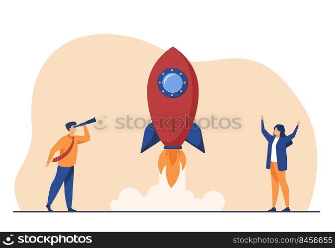 Happy people watching rocket launch. Project, flying, up flat illustration. Business startup and entrepreneurship concept for banner, website design or landing web page