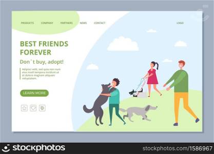 Happy people with adopt dogs. Dont buy, adopt vector landing page template. Adoption dog or pet, animal friend adopted illustration. Happy people with adopt dogs. Dont buy, adopt vector landing page template