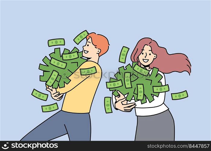 Happy people with cash stack excited about win or victory. Overjoyed man and woman with money piles celebrate lottery luck. Wealth and success. Vector illustration.. Excited people with money piles happy with win
